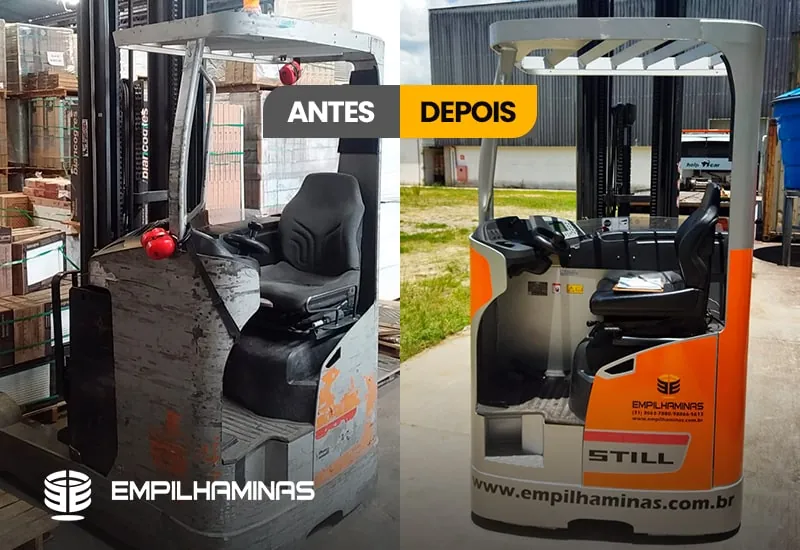 Manutenção inclusa na locação de empilhadeira mensal: antes e depois de reforma na oficina própria da Empilhaminas